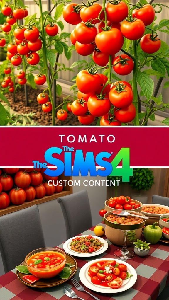 A collection of tomato custom content for The Sims 4, including plants and food items.